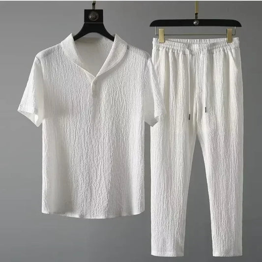 Traje de lino de seda helada de cinco piezas ultrafino de verano, conjunto de 2 piezas de lino y algodón para hombre, camiseta holgada de manga media, ropa deportiva