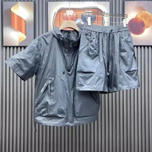 Summer Thin Men Hooded Sports Suits Short Sleeve Shirts And Shorts Two Piece Set Casual Loose Zipper Hoodie Outfits Outwear